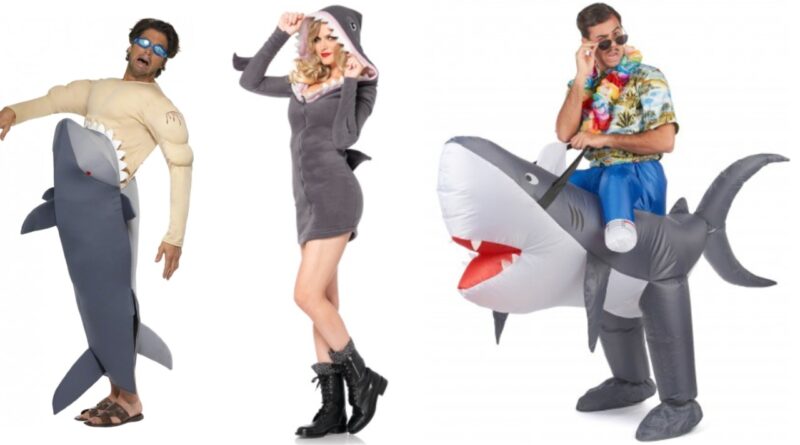 haj kostume til voksne, haj udklædning til voksne, haj voksenkostumer, oppusteligt haj kostume til voksne, dyrekostumer til voksne, haj fastelavnskostume til voksne